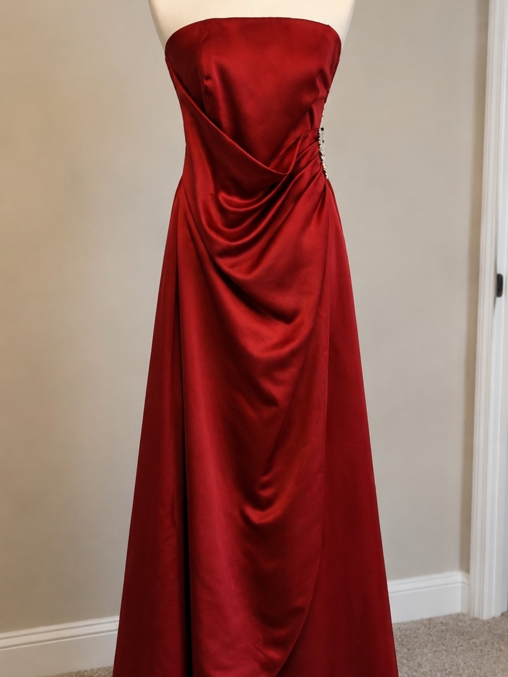 David's Bridal Strapless Scarlet Satin Gown